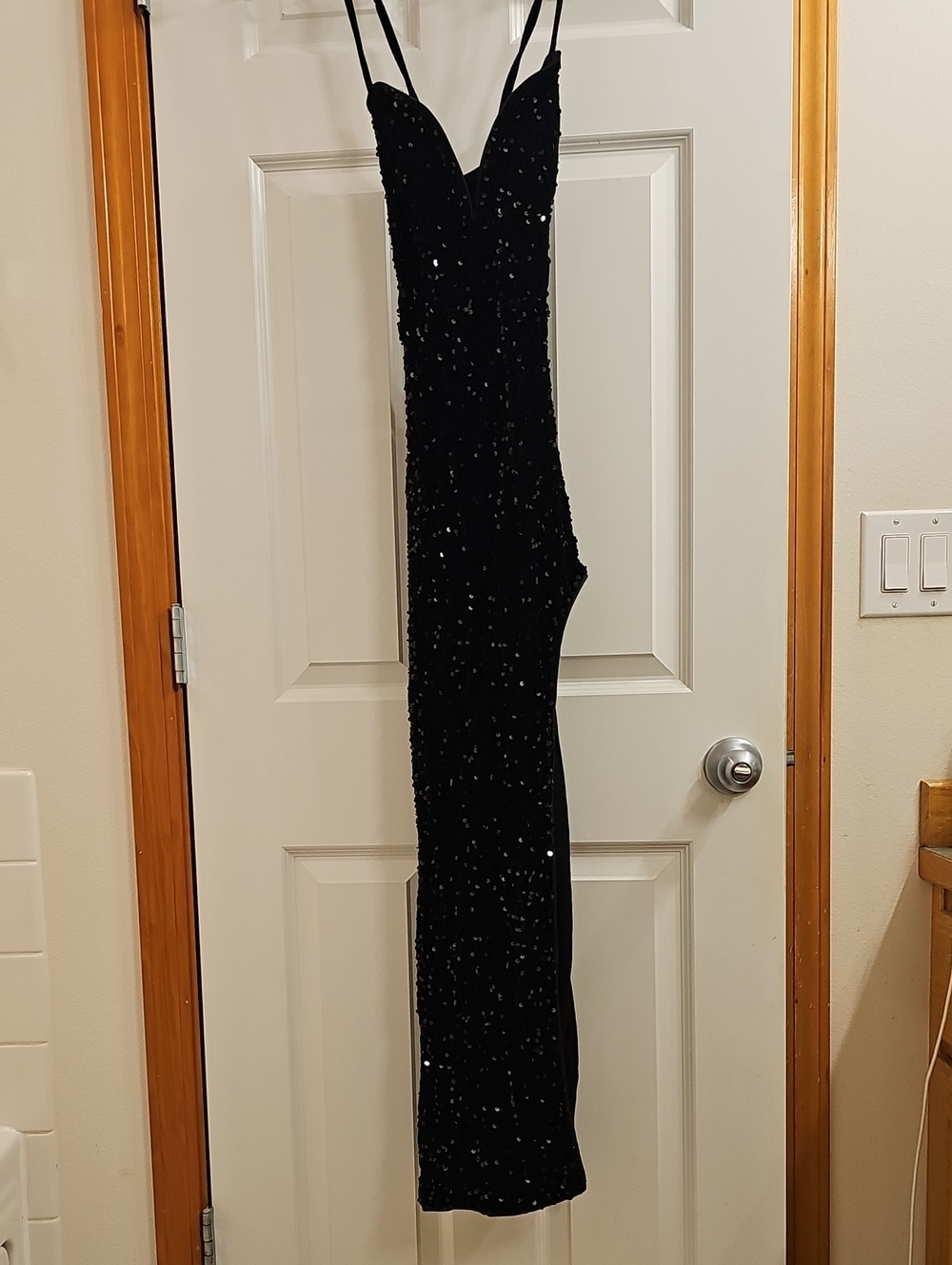 Black Sequin Spaghetti Strap Evening Gown